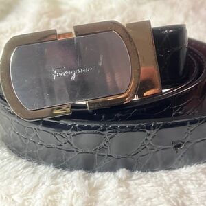 Salvatore Ferragamo Black Real Croc-Embossed Belt with Silver Buckle